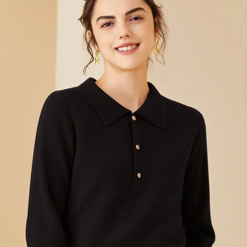 Womens Ribbed Cashmere Polo Sweater Button-Up Long Sleeves Sweater