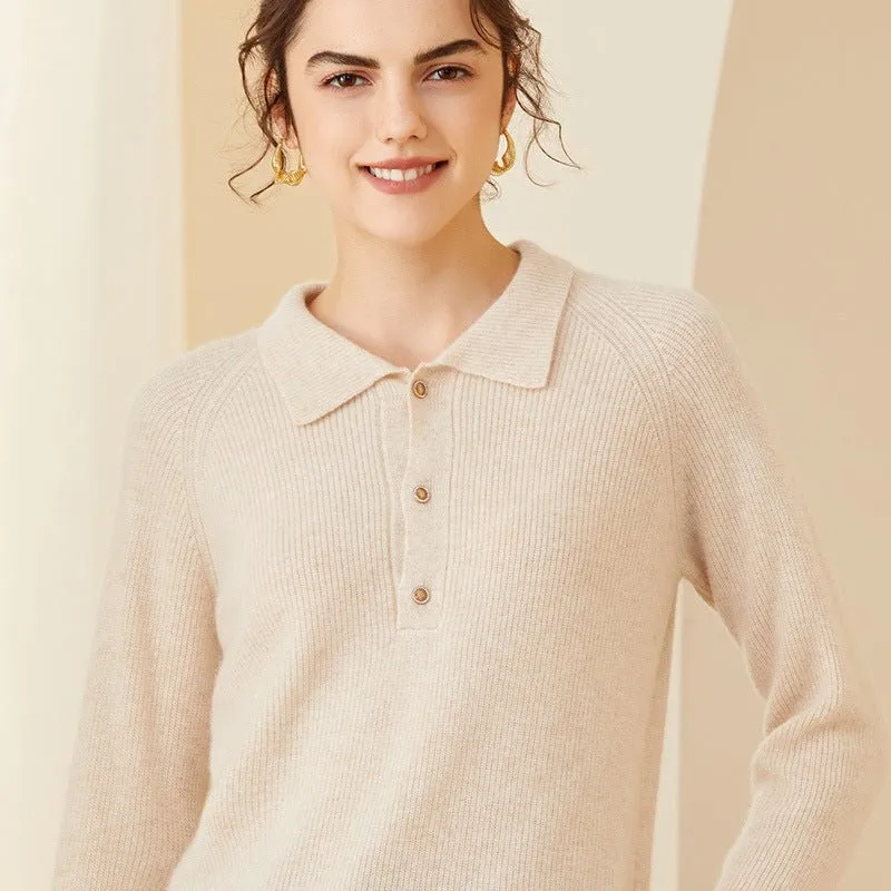 Womens Ribbed Cashmere Polo Sweater Button-Up Long Sleeves Sweater