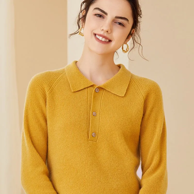 Womens Ribbed Cashmere Polo Sweater Button-Up Long Sleeves Sweater