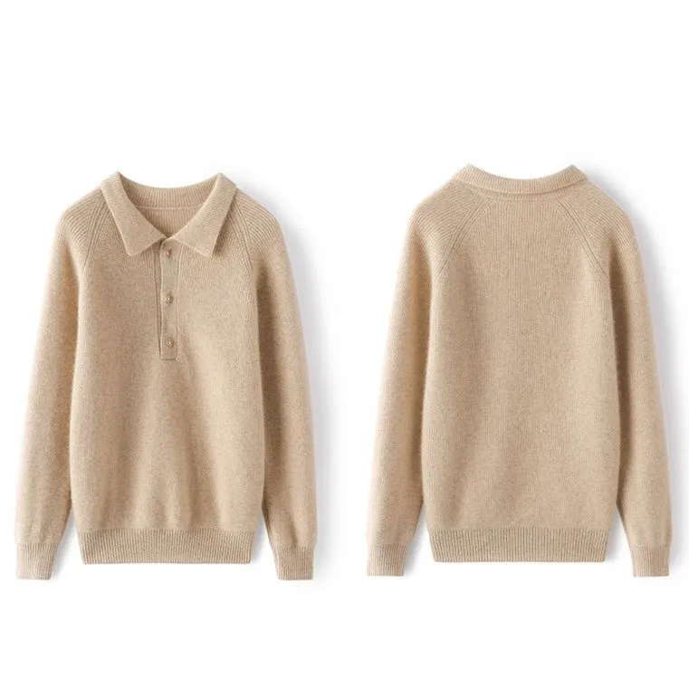 Womens Ribbed Cashmere Polo Sweater Button-Up Long Sleeves Sweater