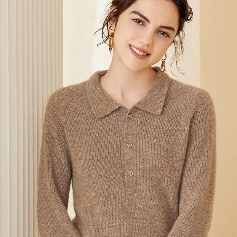 Womens Ribbed Cashmere Polo Sweater Button-Up Long Sleeves Sweater
