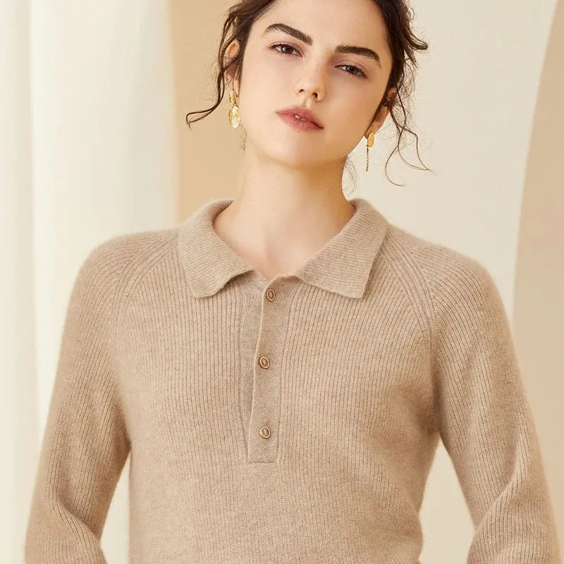 Womens Ribbed Cashmere Polo Sweater Button-Up Long Sleeves Sweater