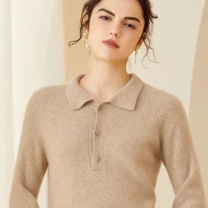 Womens Ribbed Cashmere Polo Sweater Button-Up Long Sleeves Sweater