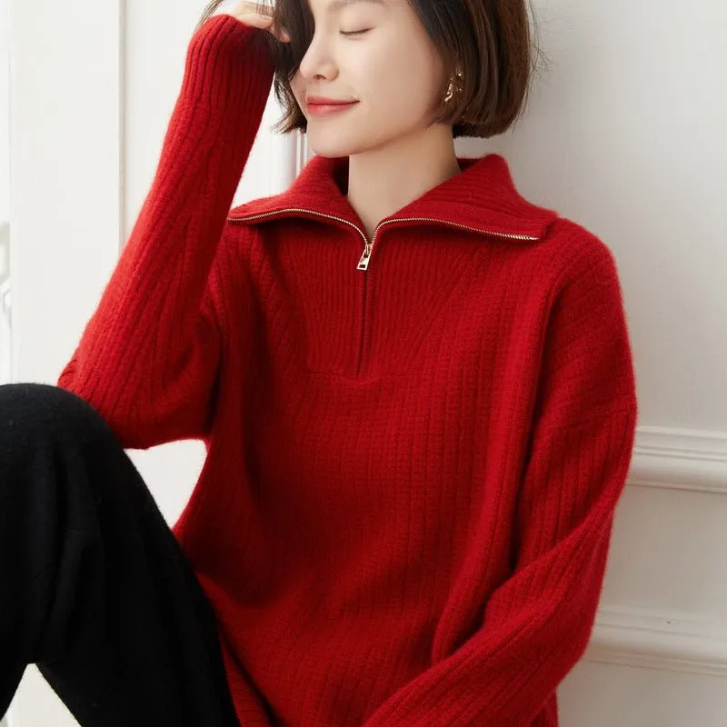 Womens Ribbed Half-Zip Collar Long Sleeve Cashmere Sweater