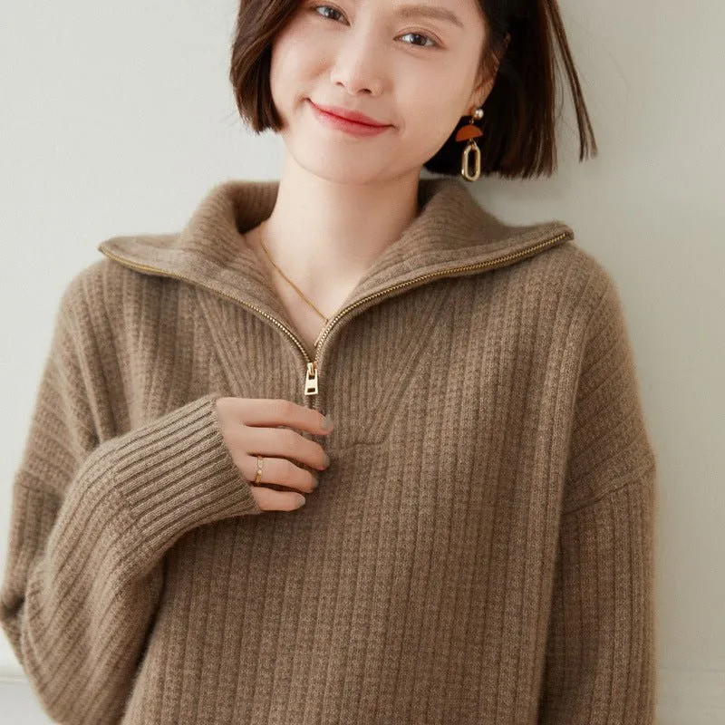 Womens Ribbed Half-Zip Collar Long Sleeve Cashmere Sweater