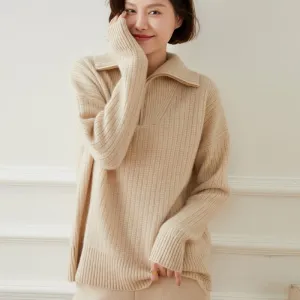 Womens Ribbed Half-Zip Collar Long Sleeve Cashmere Sweater