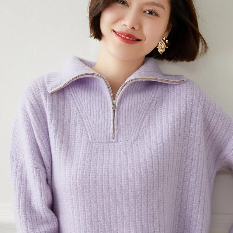 Womens Ribbed Half-Zip Collar Long Sleeve Cashmere Sweater