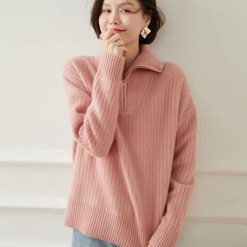 Womens Ribbed Half-Zip Collar Long Sleeve Cashmere Sweater