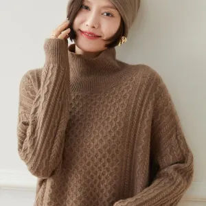Womens Turtleneck Cashmere Sweater Cable-Knitted Drop Sleeve Pullover
