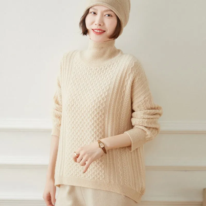 Womens Turtleneck Cashmere Sweater Cable-Knitted Drop Sleeve Pullover