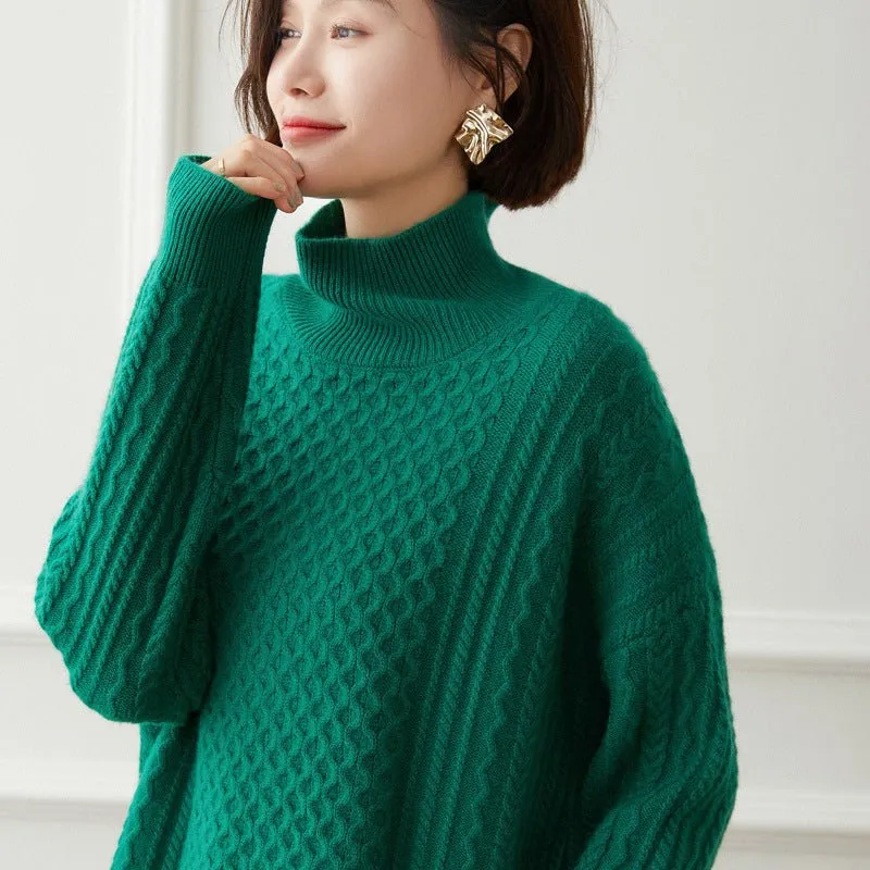 Womens Turtleneck Cashmere Sweater Cable-Knitted Drop Sleeve Pullover