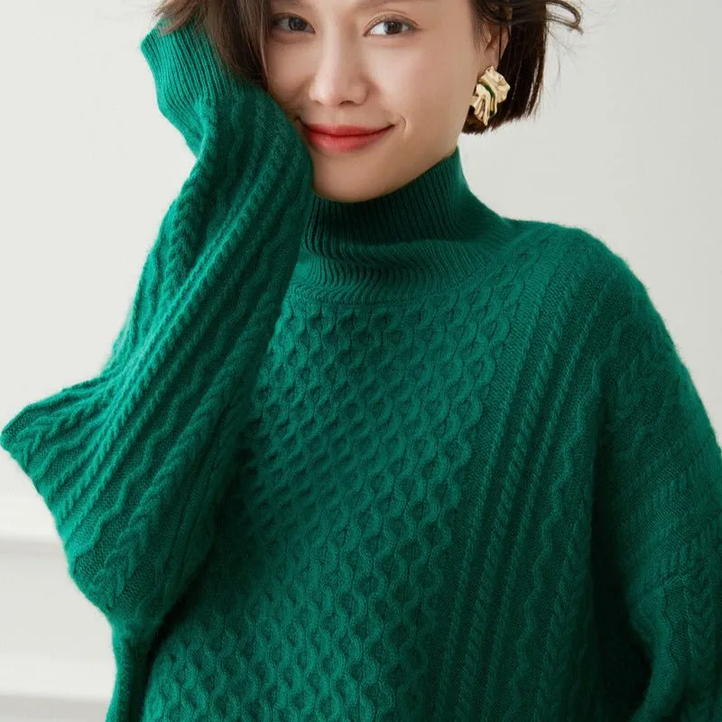 Womens Turtleneck Cashmere Sweater Cable-Knitted Drop Sleeve Pullover