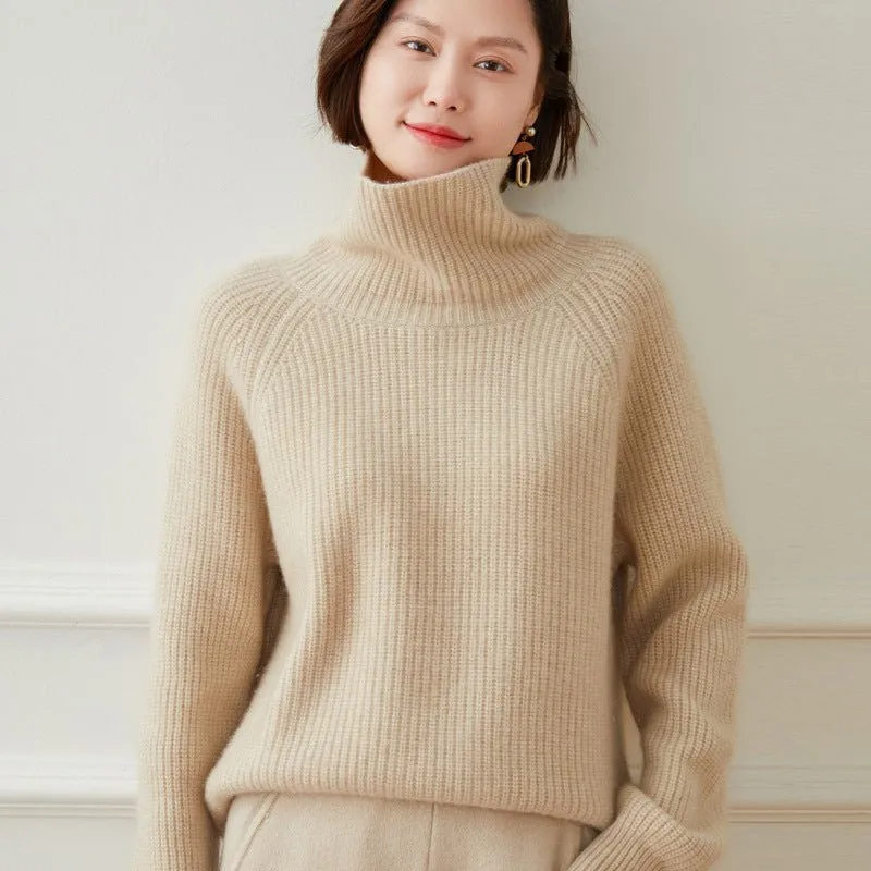 Womens Turtleneck Cashmere Sweater Ribbed Pullover Warm Cashmere Tops
