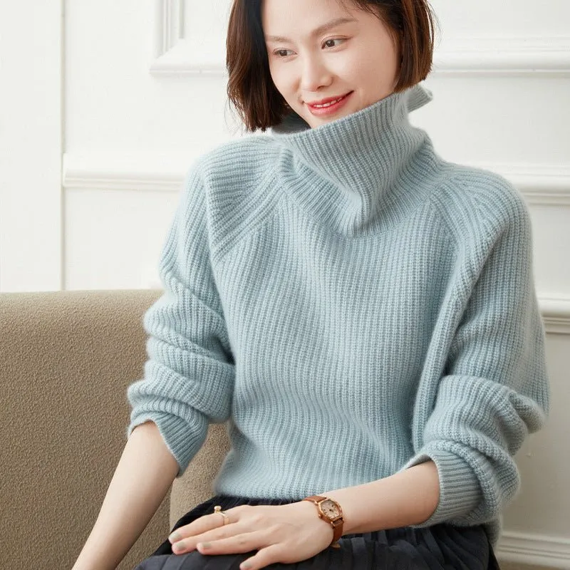 Womens Turtleneck Cashmere Sweater Ribbed Pullover Warm Cashmere Tops