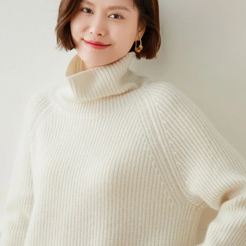 Womens Turtleneck Cashmere Sweater Ribbed Pullover Warm Cashmere Tops