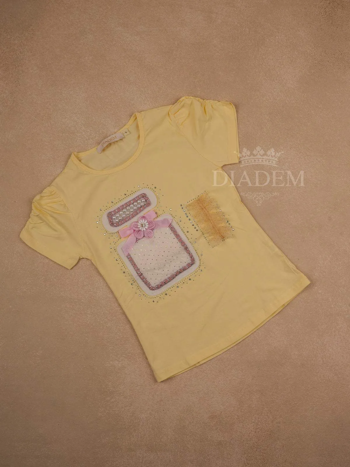 Yellow Cotton Half Sleeve T-Shirt with 3D Flowers and Bow Designs for Girls