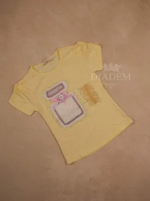 Yellow Cotton Half Sleeve T-Shirt with 3D Flowers and Bow Designs for Girls