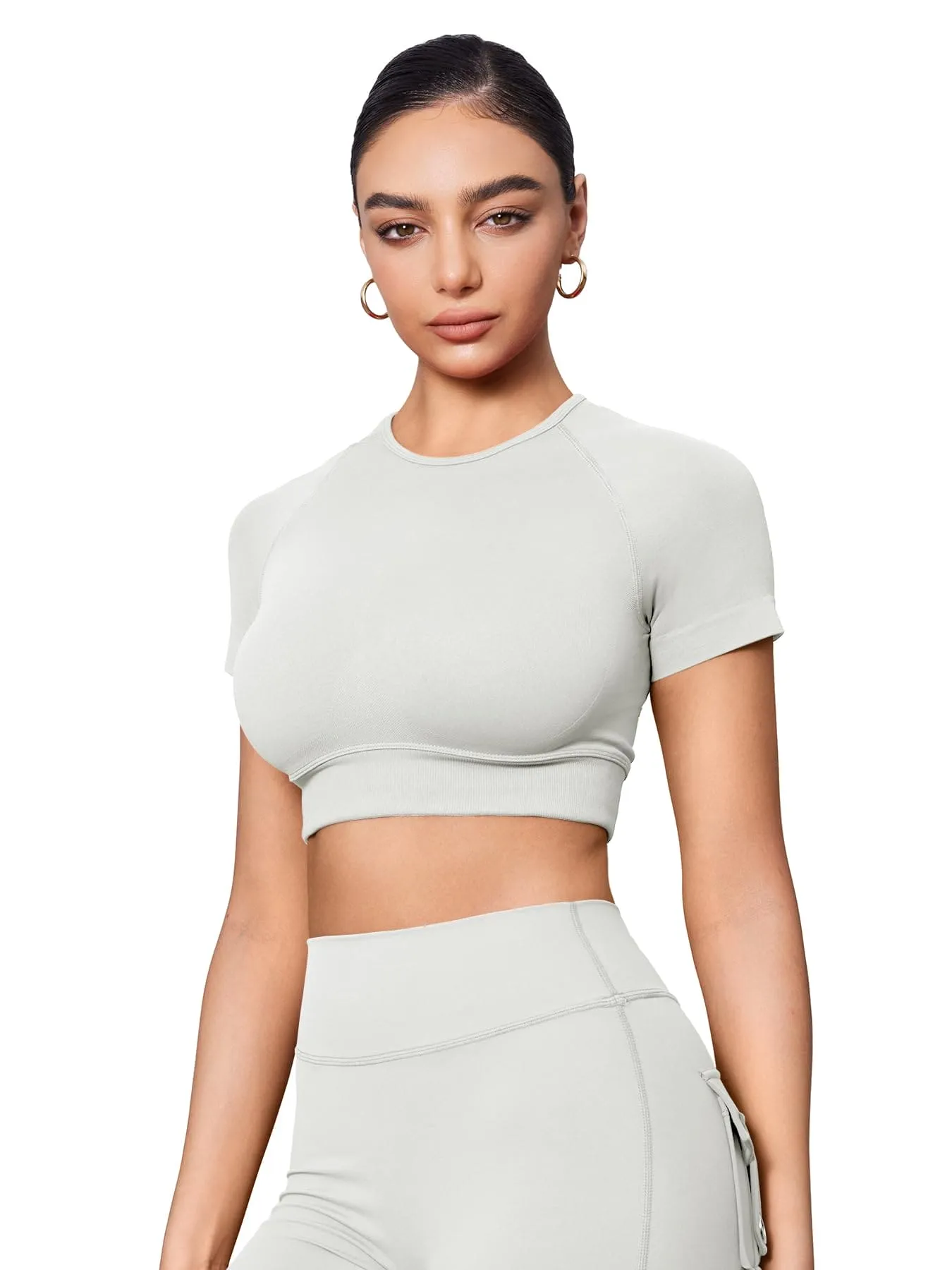 YEOREO Womens Short Sleeve Crop Tops Caliyta Seamless Workout Impact T Shirts Crew Neck Raglan Gym Yoga Tees Slim Fit Feather Rice
