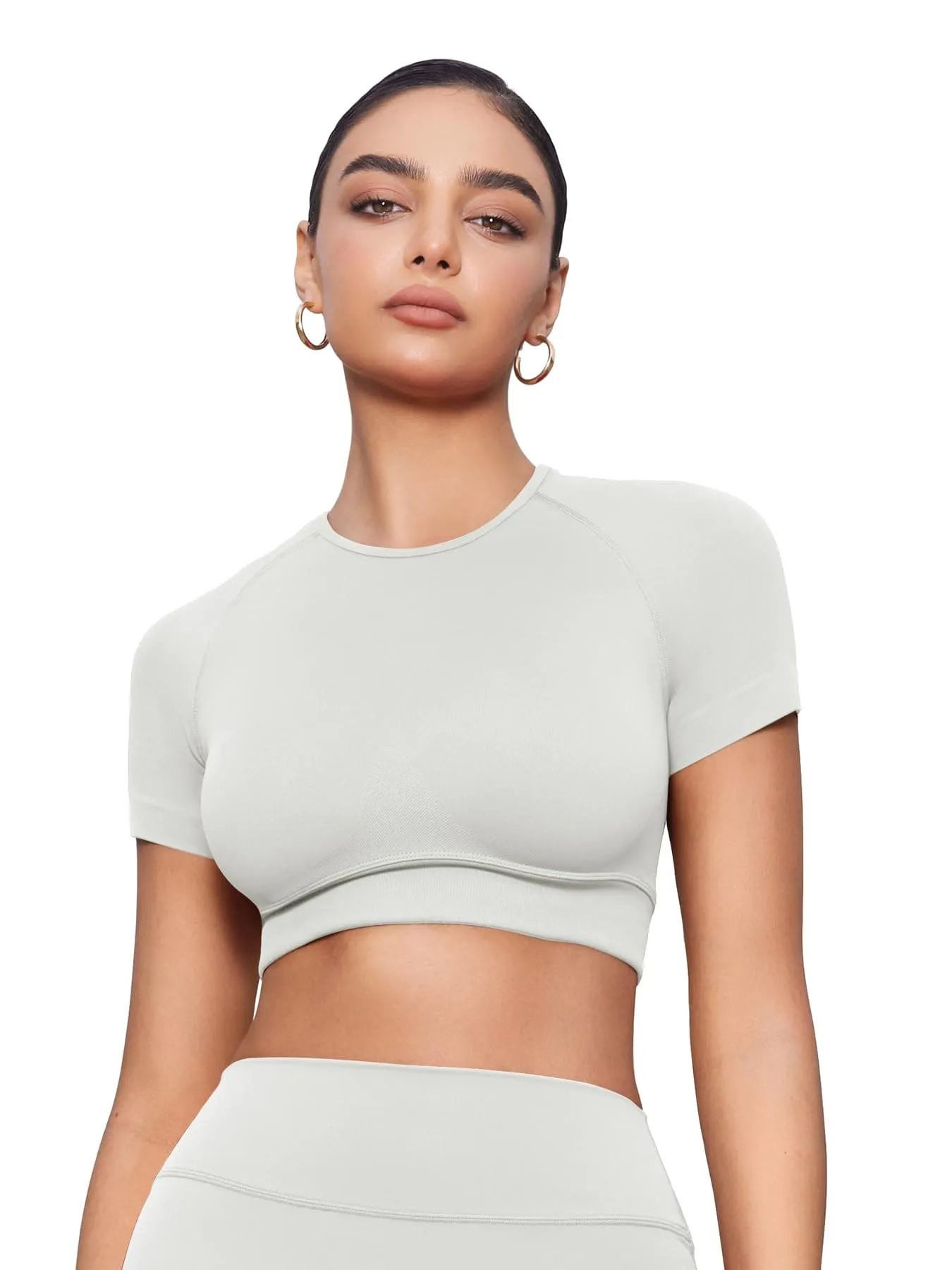 YEOREO Womens Short Sleeve Crop Tops Caliyta Seamless Workout Impact T Shirts Crew Neck Raglan Gym Yoga Tees Slim Fit Feather Rice