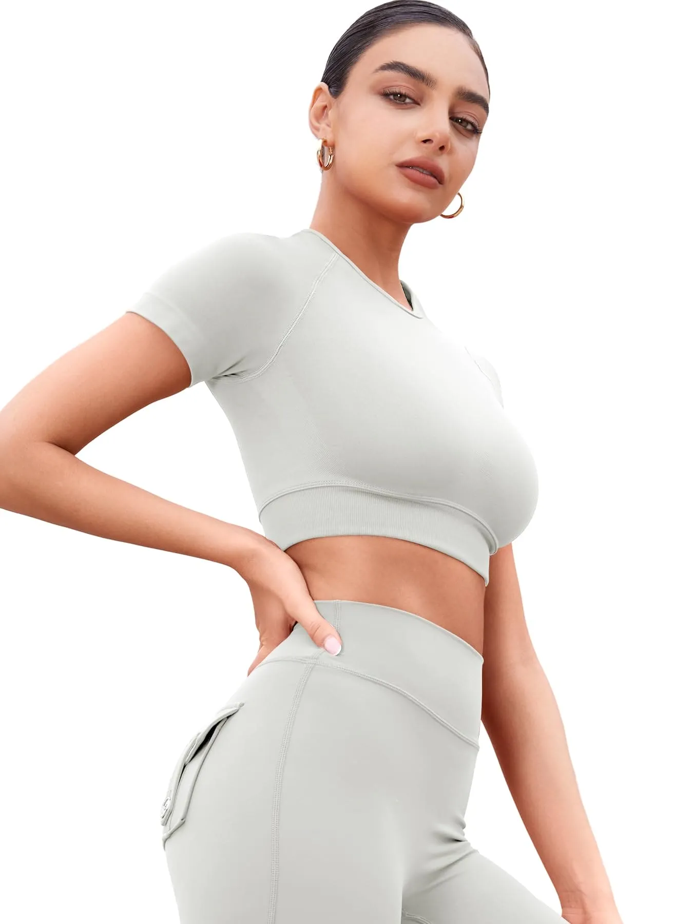 YEOREO Womens Short Sleeve Crop Tops Caliyta Seamless Workout Impact T Shirts Crew Neck Raglan Gym Yoga Tees Slim Fit Feather Rice