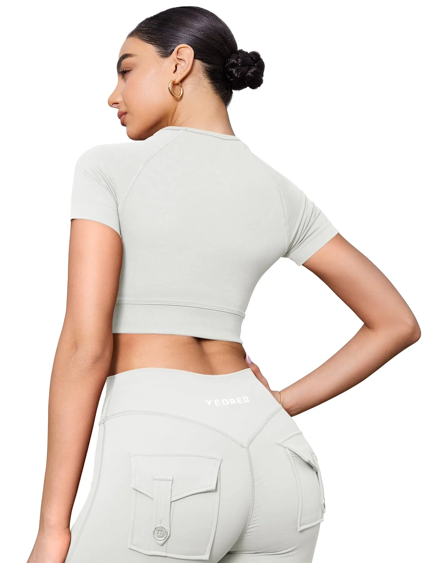 YEOREO Womens Short Sleeve Crop Tops Caliyta Seamless Workout Impact T Shirts Crew Neck Raglan Gym Yoga Tees Slim Fit Feather Rice